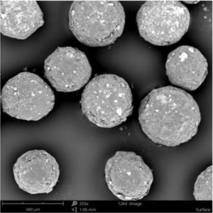 Figure 2: SEM image of drug loaded and coated starter beads. Microparticles show a high level of homogeneity in size distribution.